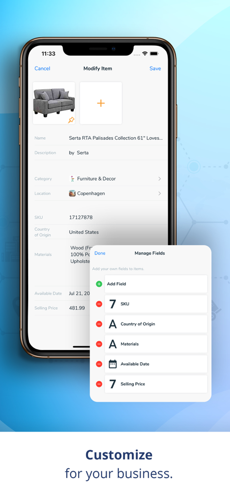 Pantalla del iPhone que muestra la interfaz de la aplicación Nest Egg para personalizar los campos de datos del inventario del negocio