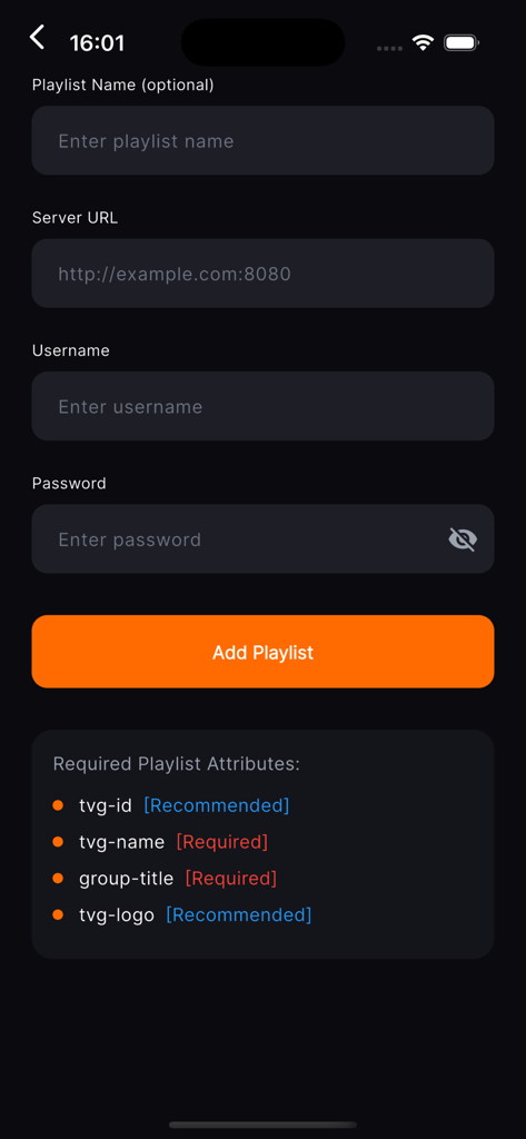 Flujo tv : Stream Player - Modulo per aggiungere una nuova playlist in Flujo TV, inclusi campi per URL del server, nome utente e password.