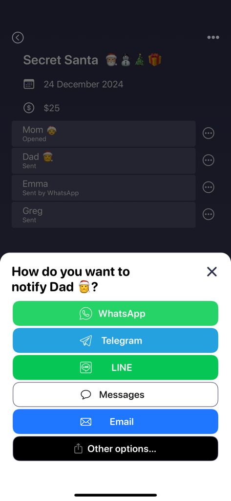Interface of the Secret Santa app showing various options to notify participants including WhatsApp, Telegram, LINE, Messages, and Email.