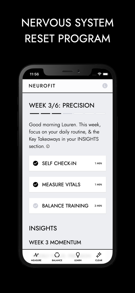 Vagus Nerve Reset: NEUROFIT™ - Panel personalizado de la aplicación NEUROFIT que muestra un programa de restablecimiento del sistema nervioso de 6 semanas con controles de salud diarios