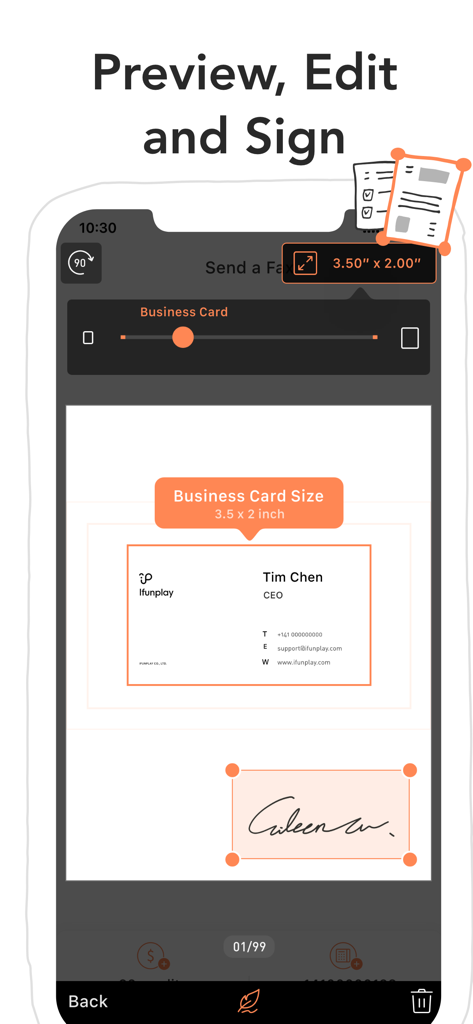 Doc Fax - Mobile Fax App - Interfaz de la aplicación móvil que muestra una vista previa del documento con opciones para editar y agregar una firma digital para enviar por fax