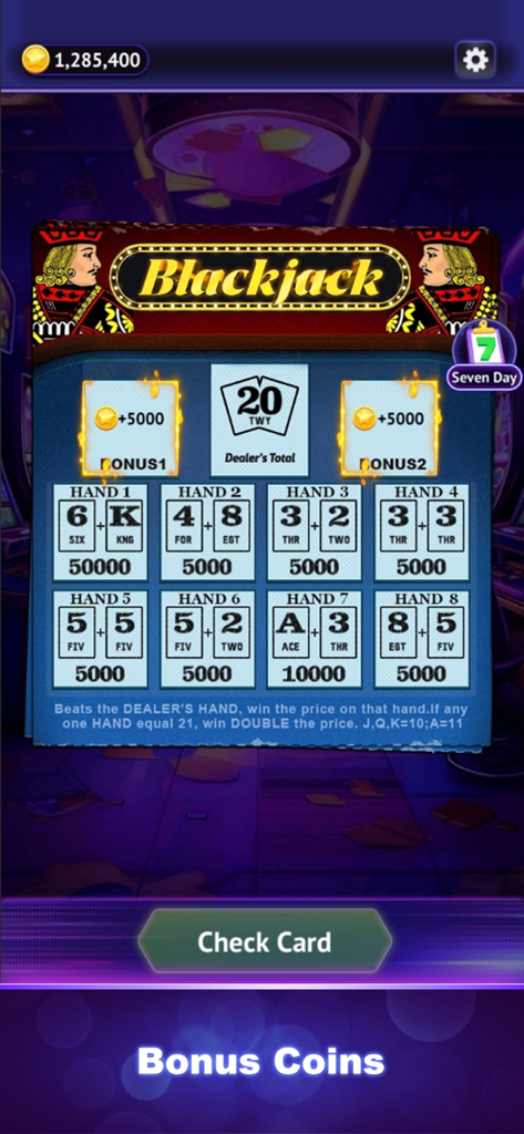Scratch Ace - Virtual blackjack scratch card interface in the Scratch Ace mobile app featuring multiple hands and bonus coin rewards.