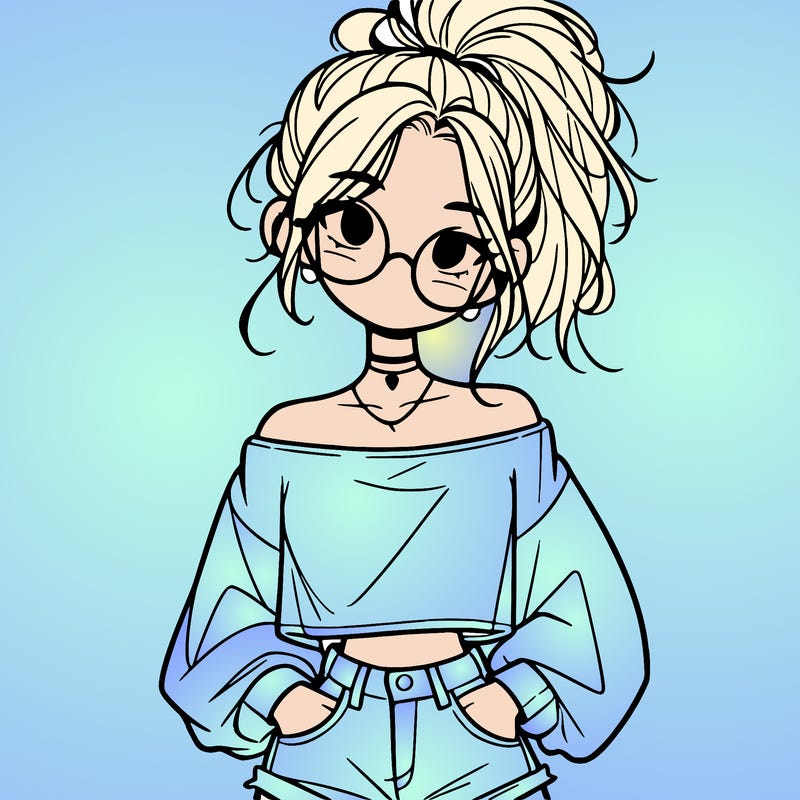 girl with a messy ponytail glasses a baggy crop top and jean shorts