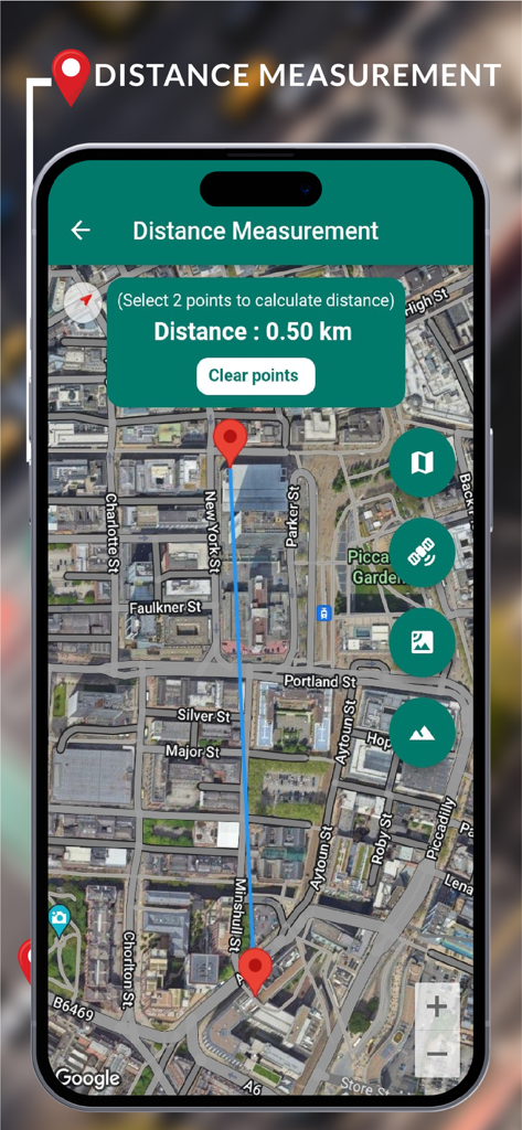 Live Satellite View & Maps - Ein Distanzmesswerkzeug auf einer Satellitenkarte, das eine berechnete Entfernung von 0,50 km zwischen zwei Punkten anzeigt.