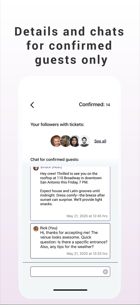 MoodPlans - Tela do aplicativo MoodPlans mostrando um chat de grupo privado e detalhes do evento para convidados confirmados.