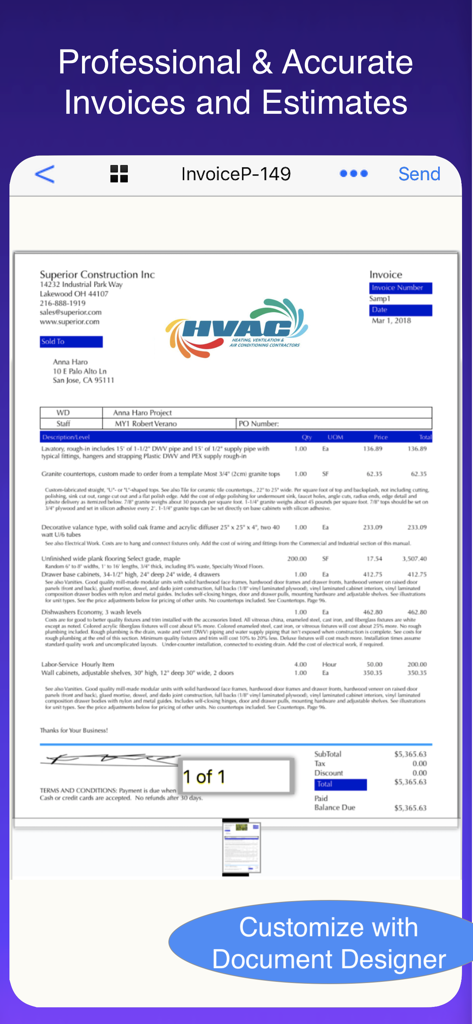 Uma prévia de fatura HVAC profissional de amostra em um dispositivo móvel mostrando o recurso de designer de documentos.