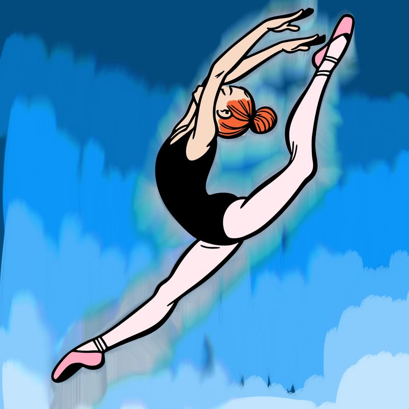 gymnast doing a leap in a leotard with a bent back leg