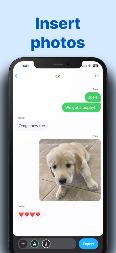 Text Story Maker - ChatTales - 골든 리트리버 강아지 사진이 삽입된 채팅 대화를 보여주는 텍스트 스토리 메이커 앱의 모바일 인터페이스
