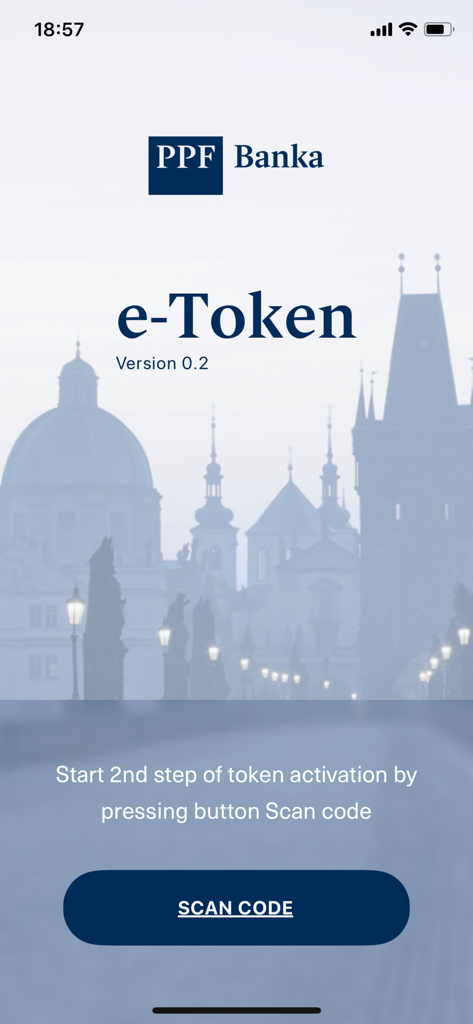 PPF banka e-Token - PPF banka e-Token activation interface with a scan code button