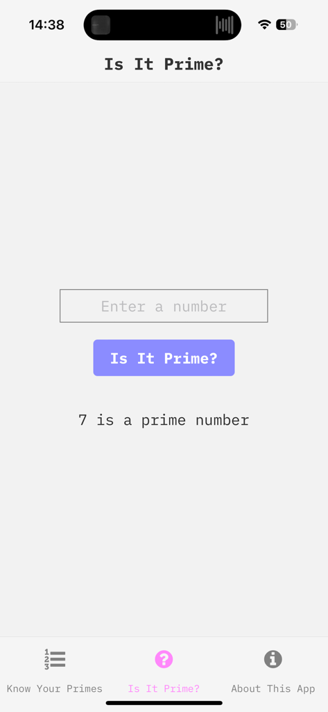 Numberus Primeアプリの画面。素数チェッカーが7が素数であることを検証している様子を表示。