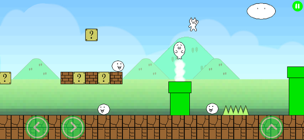 Gameplay of Syobon Action HD showing a white cat character in a retro style platformer level with pipes and blocks