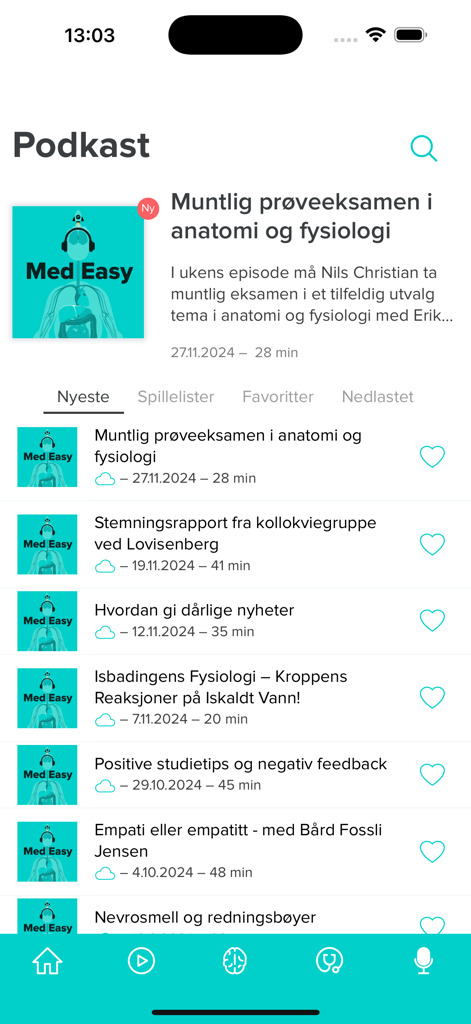 MedEasy - MedEasy app screen showing medical education podcast episodes for nursing and medical students