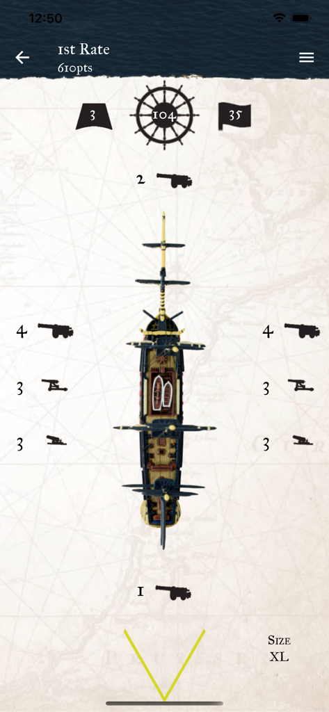 Detailed ship statistics and weapon layout for a 1st Rate vessel in the Black Seas game module of the Warlord Games List Builder app.