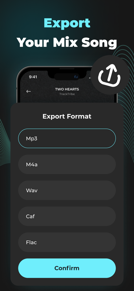 Mobile app screen displaying multiple audio export format choices including Mp3 Wav and Flac