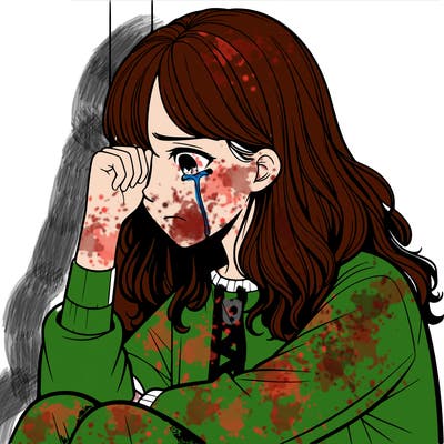 realistic girl crying in a corner