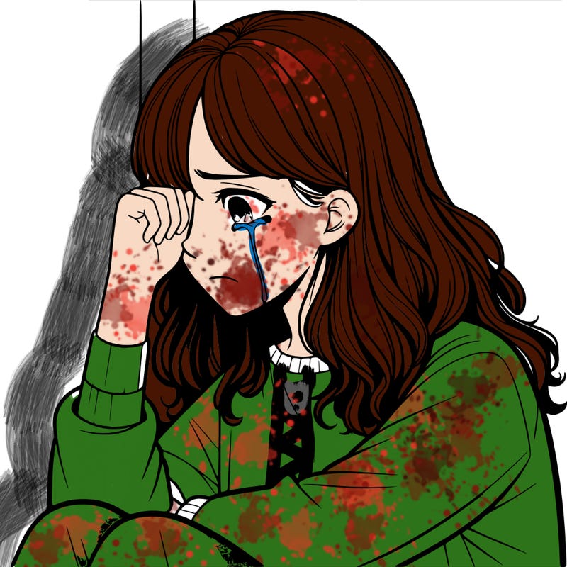 realistic girl crying in a corner