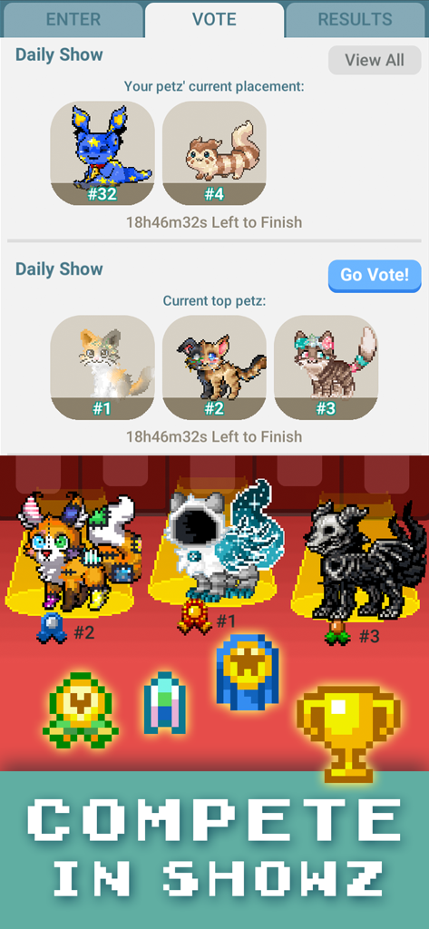 Tabla de clasificación del concurso diario de Pixel Petz mostrando criaturas de pixel art clasificadas y un podio de ganadores.