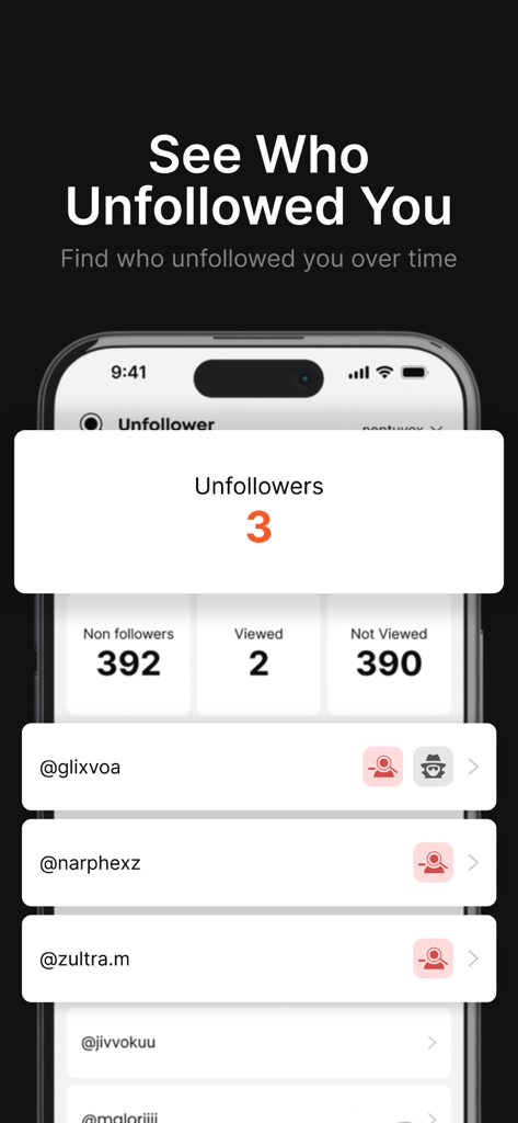 Interfaz de la aplicación Unfollower Finder que muestra estadísticas y una lista de las cuentas que han dejado de seguir al usuario en Instagram.