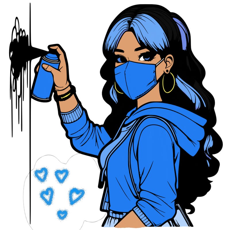 realistic girl with mask spray painting a wall