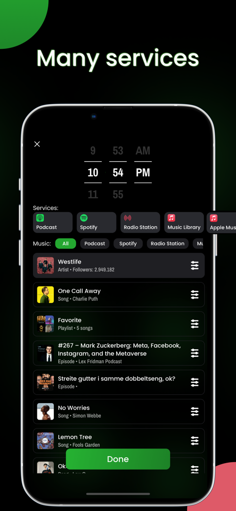 Alarmfy - Music Alarm - Interfaz de la aplicación Alarmfy mostrando opciones de Spotify, Apple Music y podcasts para alarmas personalizadas.