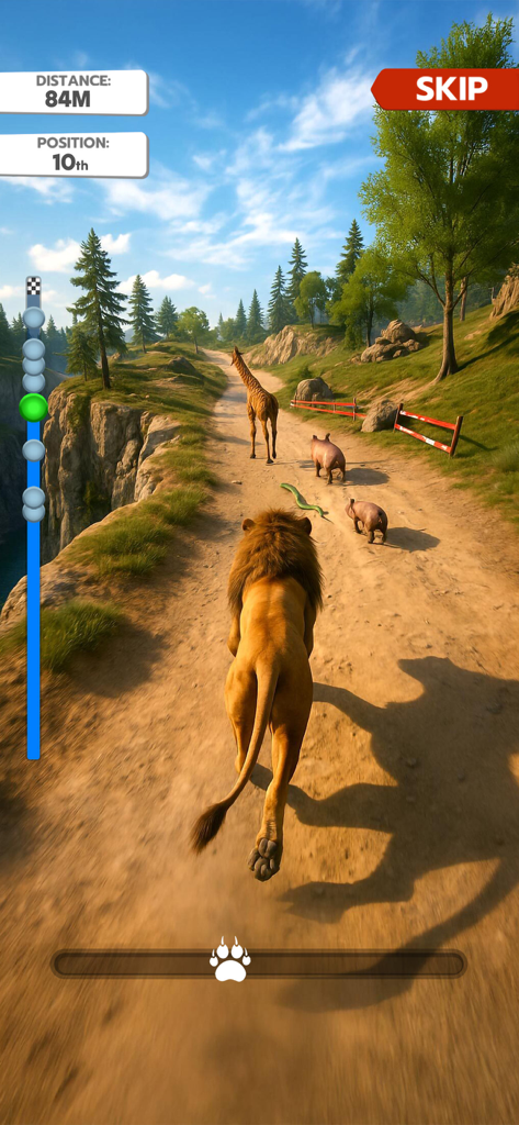 Animal Run: Wild Race - Gameplay d'un lion courant sur un chemin de falaise pittoresque dans Animal Run Wild Race.