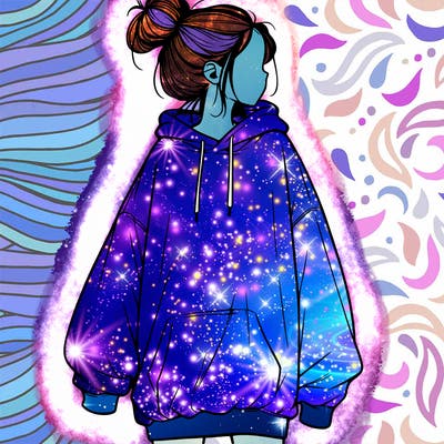 realistic girl with a oversized sweatshirt on and a bun
