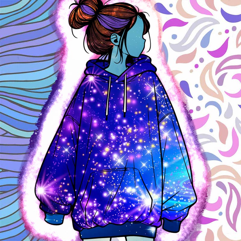 realistic girl with a oversized sweatshirt on and a bun