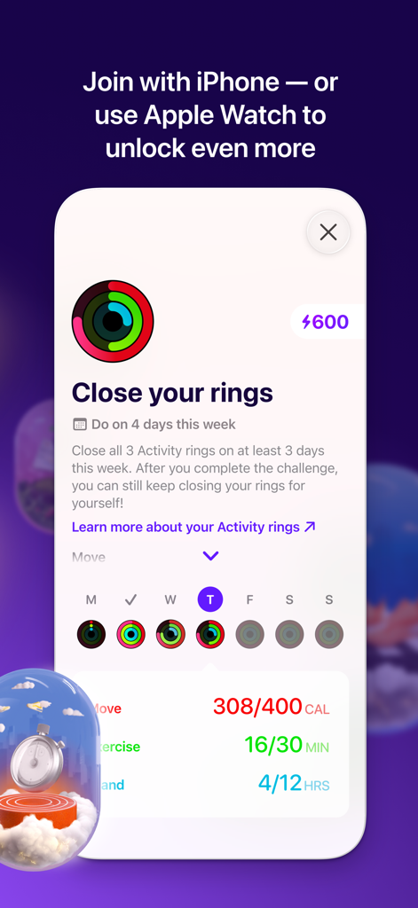 LumiHealth - Interface do aplicativo LumiHealth mostrando o desafio de anéis de atividade do Apple Watch e o progresso diário