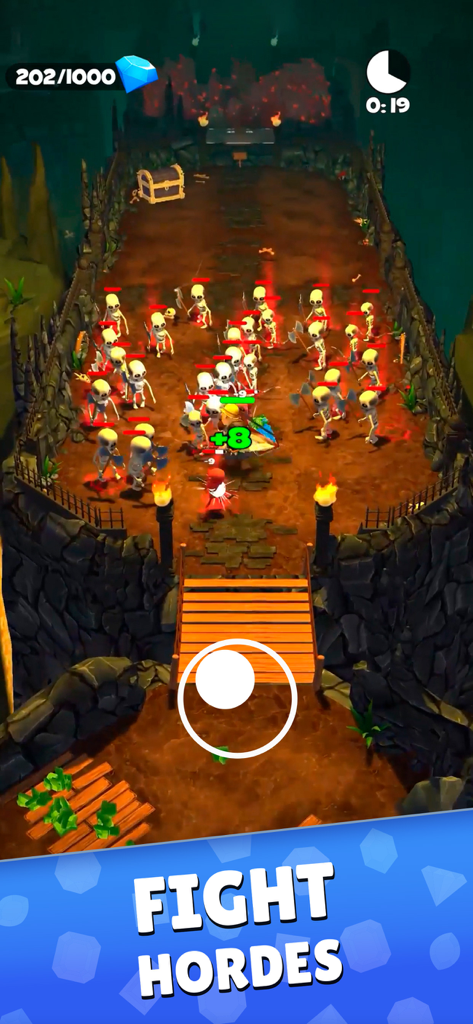 Mine & Slash: Arcade RPG Games - A hero character fighting a large horde of skeleton enemies in a 3D dungeon environment