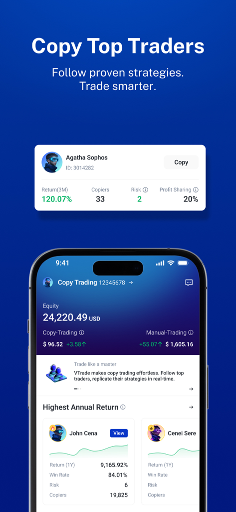 VT Markets-Online Trading - VT Markets mobile App-Oberfläche mit Copy-Trading-Funktion und Trader-Leistungsmetriken
