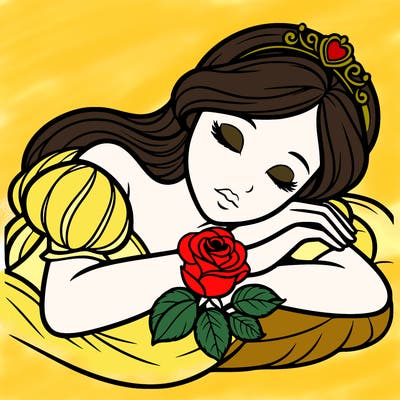 a fairytale princess sleeping with her hands crossed on her chest and a rose on her chest realistic