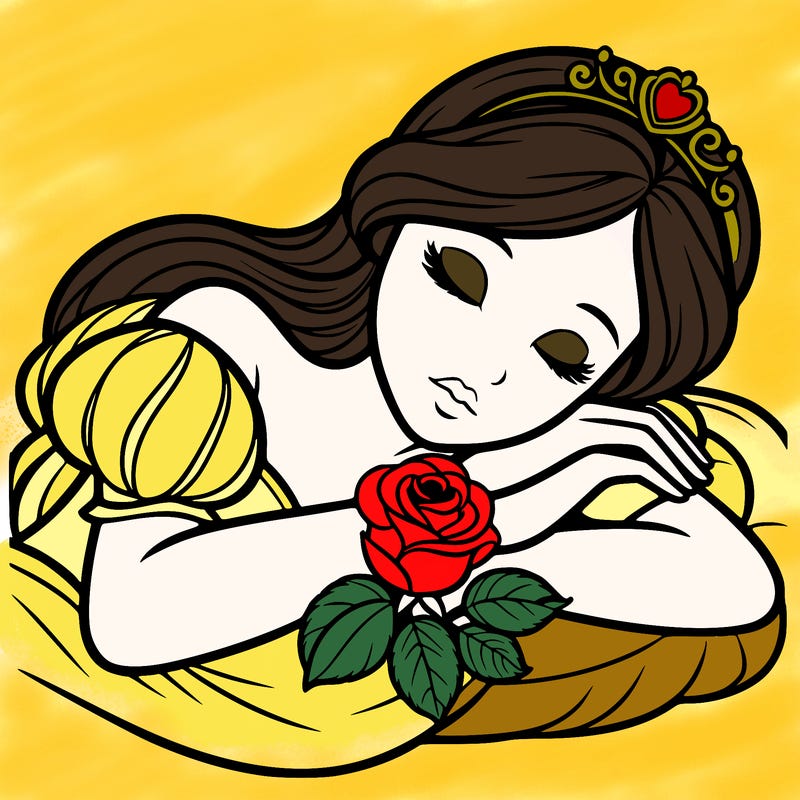 a fairytale princess sleeping with her hands crossed on her chest and a rose on her chest realistic