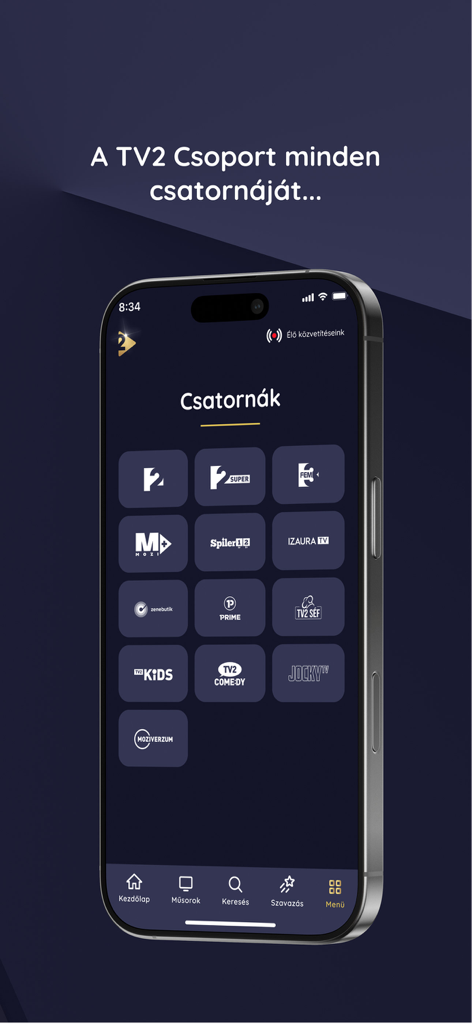 TV2 Play - TV2 Playアプリのインターフェース（iPhone）で、TV2、Izaura TV、Moziverzumなどのハンガリーのテレビチャンネルのグリッドを表示