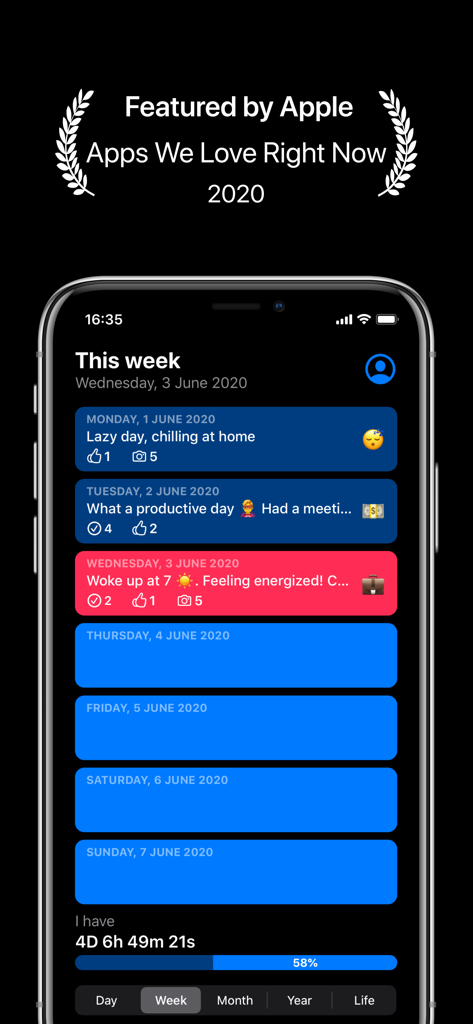 Daily Planner - Schedule App - Smartphone screen showing a weekly schedule view in the Daily Planner app with personalized summaries and a countdown timer