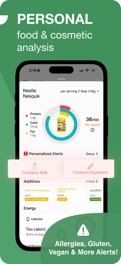 OneLabel: Product Scanner - OneLabel app interface showing a nutritional score and personalized allergy alerts for a food product.