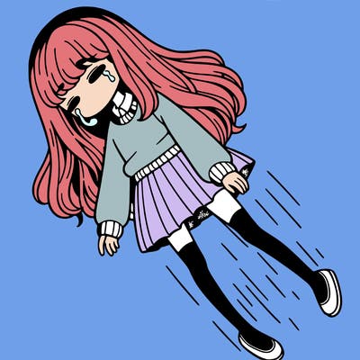 a girl with a long hair and a mini skirt and a sweater falling from the sky emotionless but with tears in her eyes as she falls