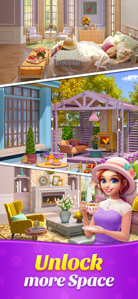 Decor Master:Villa - Screenshot of Decor Master Villa displaying a decorated bedroom patio and living room with a female character