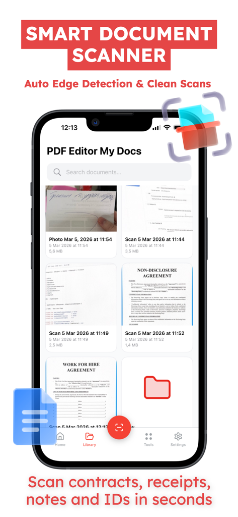 PDF Editor: Scan & Sign Doc - Smartphone screen displaying the library of a smart document scanner app with various scanned contracts
