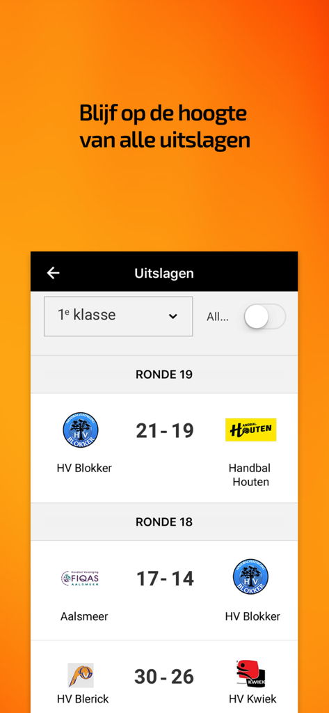 HandbalNL app interface displaying handball match results and scores for various league rounds