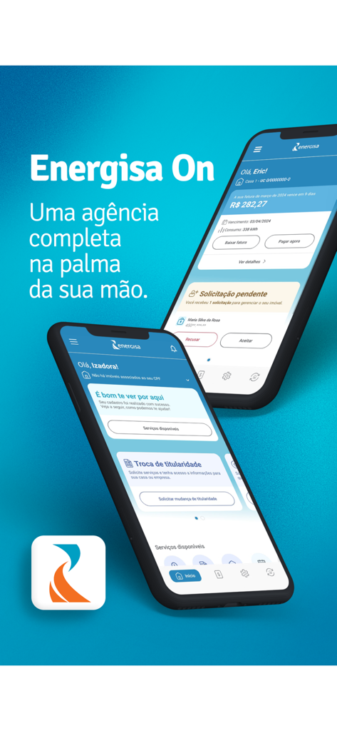 Dois smartphones exibindo a interface do aplicativo Energisa On para gerenciar serviços de eletricidade em um fundo azul.