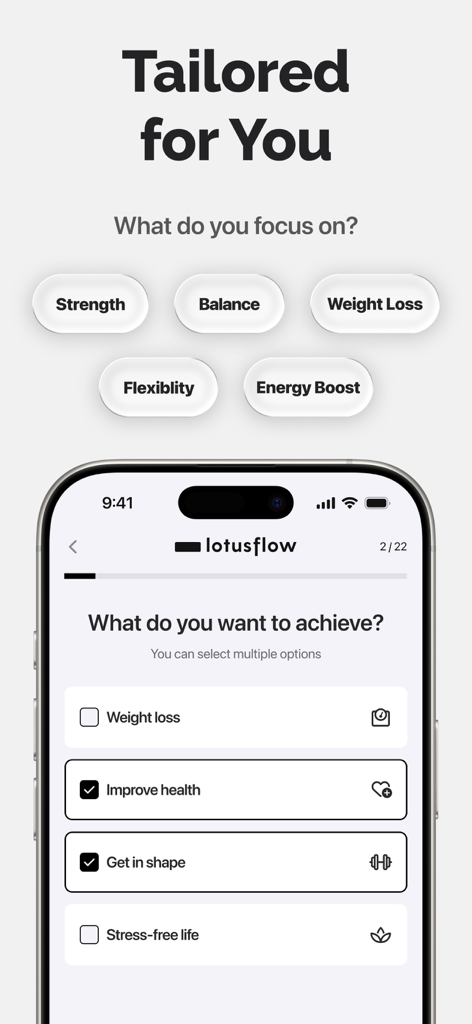 Lotus Flow - Yoga & Workout - Lotus Flow app onboarding screen showing options to select personalized health and fitness goals such as strength, balance, and weight loss