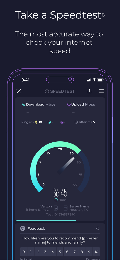 Speedtest by Ookla mobile app interface showing a real-time internet speed test with a speedometer gauge and network metrics.