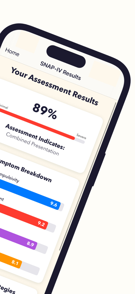 ADHD Test App - Écran des résultats de l'évaluation du TDAH montrant un score de quatre-vingt-neuf pour cent et une ventilation détaillée des symptômes