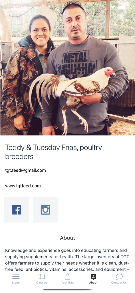 TGT Feed & Farm - Teddy and Tuesday Frias poultry breeders holding a white rooster in the TGT Feed and Farm app About section