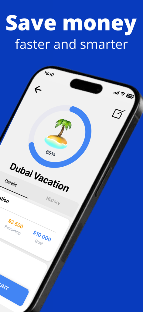 Savings Tracker - Money Goals - Écran d'iPhone montrant un objectif d'épargne pour des vacances à Dubaï avec un cercle de progression de 65 % et une icône de palmier