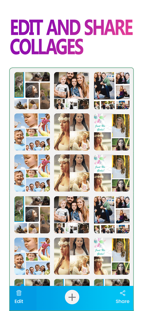 Uma grade de várias colagens de fotos familiares e sentimentais dentro do aplicativo Mix Pics.