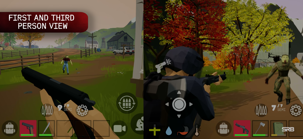 FateZ: Zombie Survival - Pantalla dividida que muestra las perspectivas en primera y tercera persona en el juego FateZ Zombie Survival