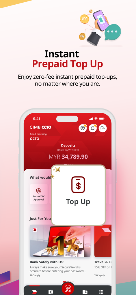 CIMB OCTO MY mobile app interface displaying the instant prepaid top up feature
