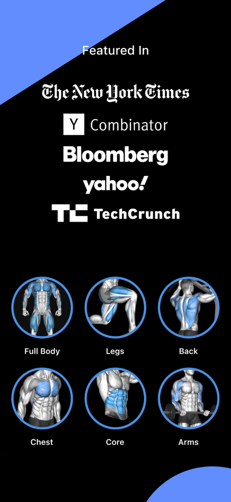 Fitness AI アプリには、The New York Times や Bloomberg のプレスロゴとともに、胸や体幹などの異なる筋肉群のワークアウトアイコンが表示されています。