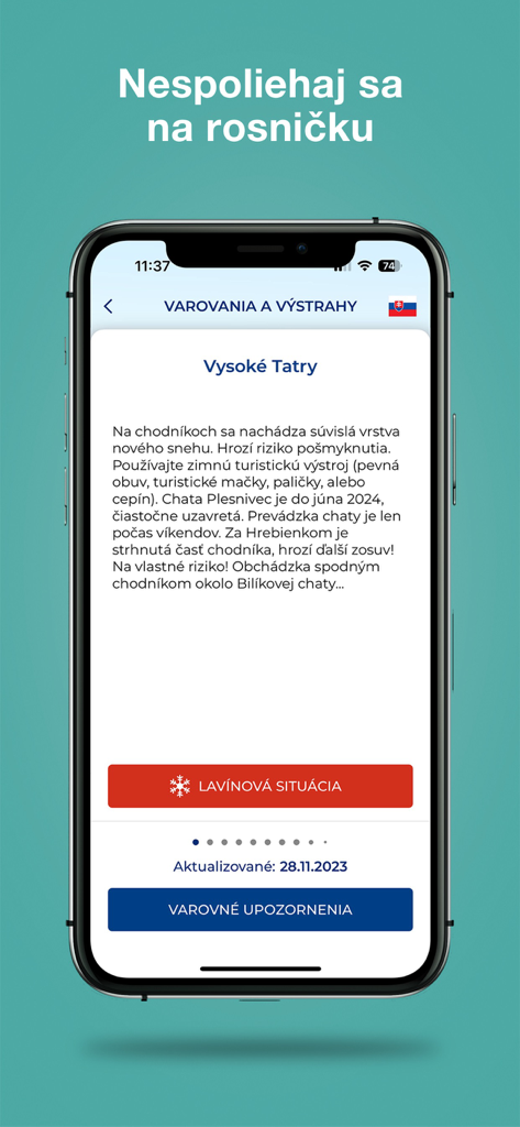 Pantalla de la app de rescate de montaña HZS con alertas de seguridad y estado de avalanchas.